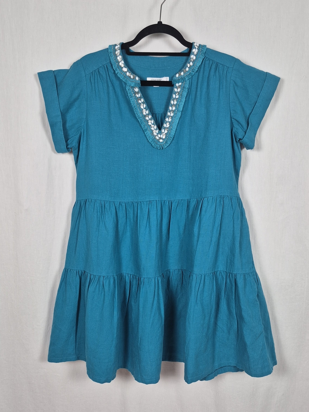 Chico’s Turquoise Linen Dress | Boho Chic | Beaded V-Neck | Size 6